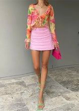 Load image into Gallery viewer, Tropical Bloom Ruffle Tie Front Blouse