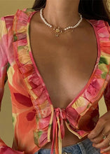 Load image into Gallery viewer, Tropical Bloom Ruffle Tie Front Blouse