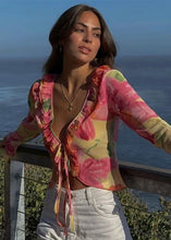Load image into Gallery viewer, Tropical Bloom Ruffle Tie Front Blouse