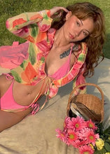 Load image into Gallery viewer, Tropical Bloom Ruffle Tie Front Blouse