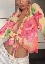 Load image into Gallery viewer, Tropical Bloom Ruffle Tie Front Blouse
