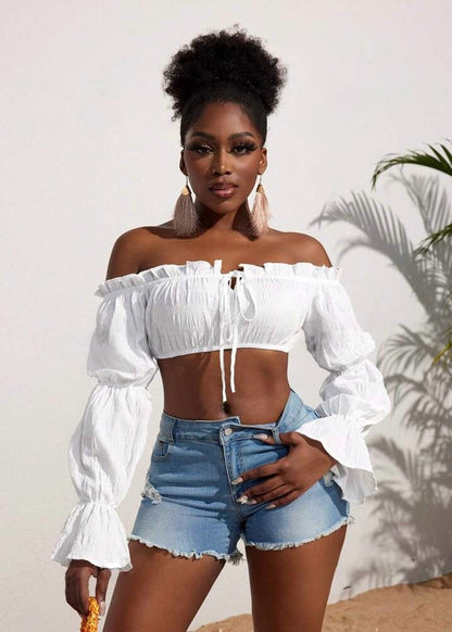 Off Shoulder Ruched Drawstring Top