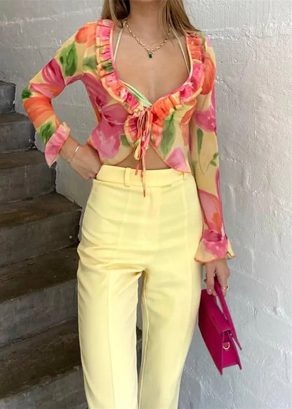 Tropical Bloom Ruffle Tie Front Blouse