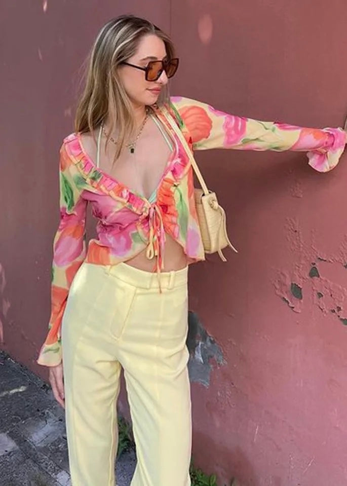 Tropical Bloom Ruffle Tie Front Blouse