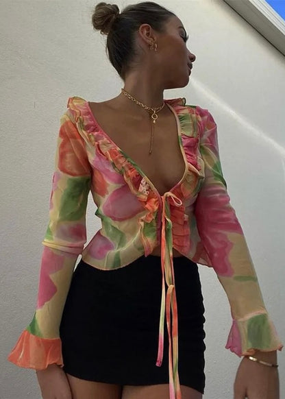 Tropical Bloom Ruffle Tie Front Blouse