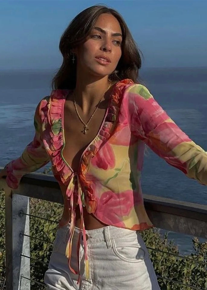 Tropical Bloom Ruffle Tie Front Blouse