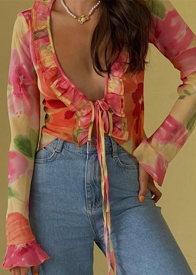 Tropical Bloom Ruffle Tie Front Blouse