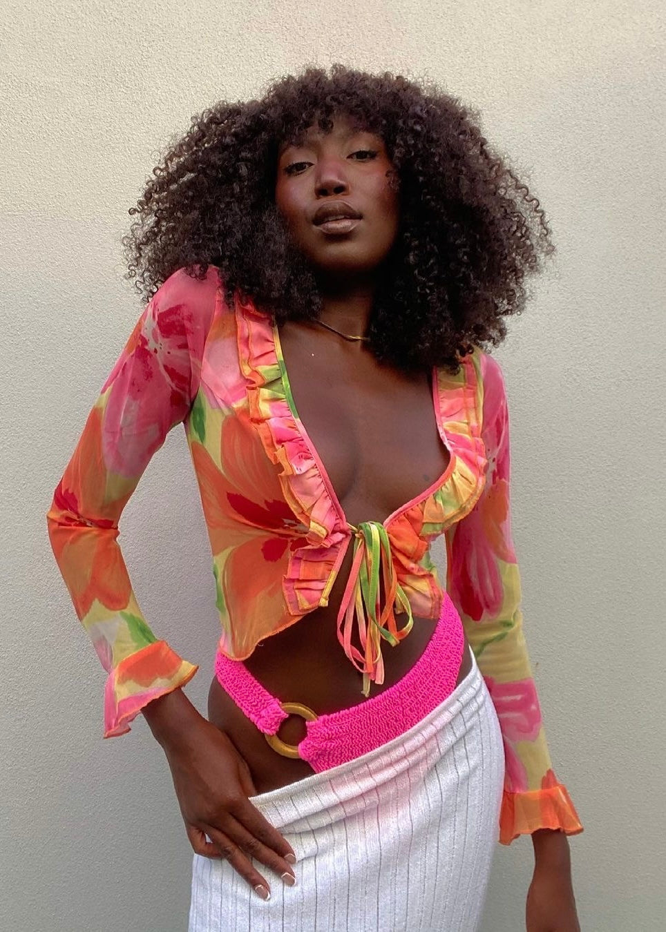 Tropical Bloom Ruffle Tie Front Blouse