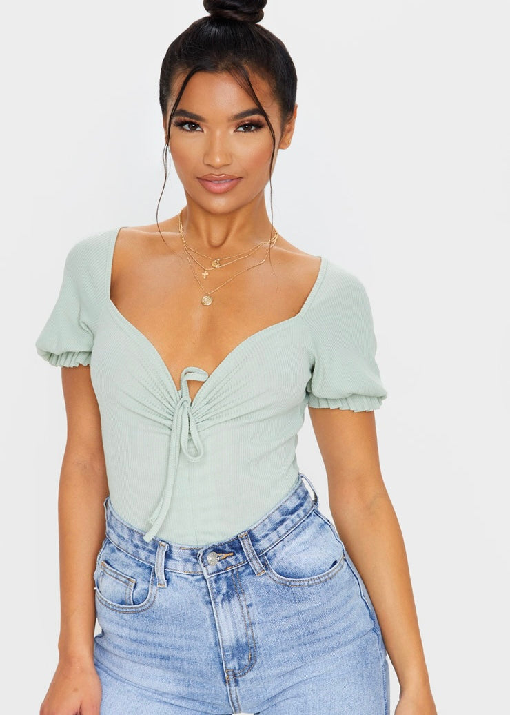 Ribbed Drawstring Bodysuit - The Style Guide TT