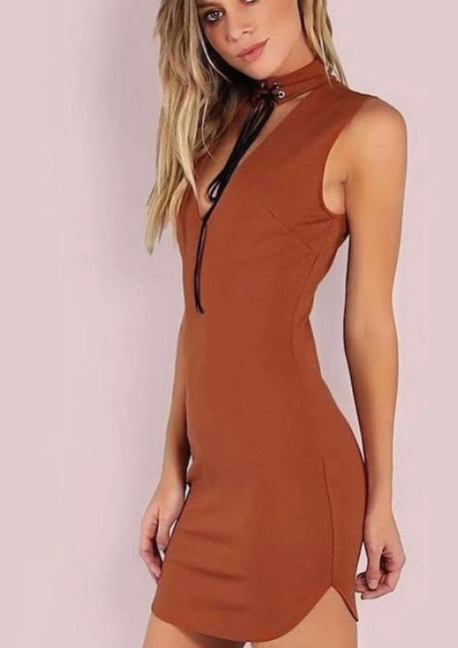 Lace Up Choker Neck Dress - The Style Guide TT